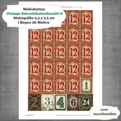 Vintage Adventskalenderzahl 12 + die Adventssontage sowie der 6. und 24 - Motivkarten - A4 Hochformat - 1 Seite mit 30 Motiven Vintage Adventskalenderzahl 12 + die Adventssontage sowie der 6. und 24 - Motivkarten - A4 Hochformat - 1 Seite mit 30 Motiven