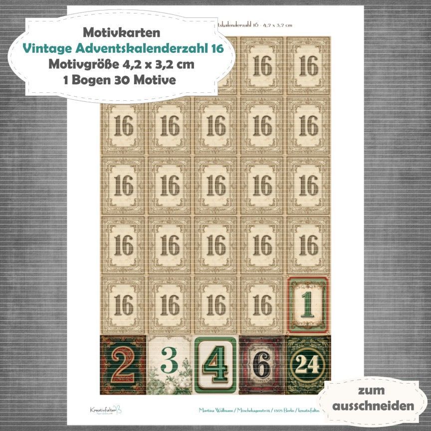Vintage Adventskalenderzahl 16 + die Adventssontage sowie der 6. und 24 - Motivkarten - A4 Hochformat - 1 Seite mit 30 Motiven Vintage Adventskalenderzahl 16 + die Adventssontage sowie der 6. und 24 - Motivkarten - A4 Hochformat - 1 Seite mit 30 Motiven
