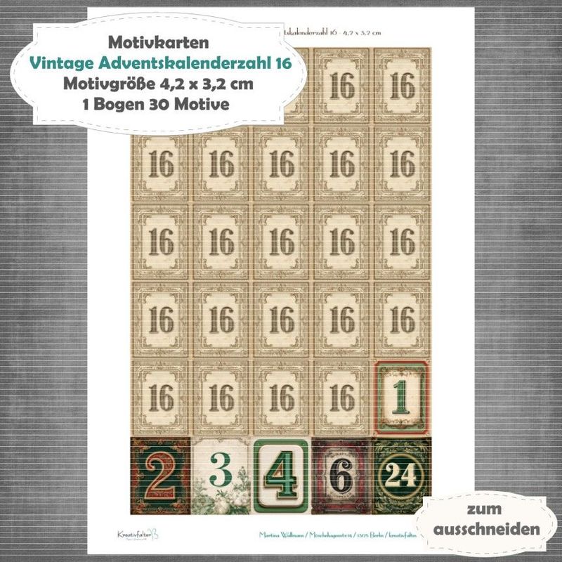 Vintage Adventskalenderzahl 16 + die Adventssontage sowie der 6. und 24 - Motivkarten - A4 Hochformat - 1 Seite mit 30 Motiven Vintage Adventskalenderzahl 16 + die Adventssontage sowie der 6. und 24 - Motivkarten - A4 Hochformat - 1 Seite mit 30 Motiven
