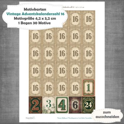 Vintage Adventskalenderzahl 16 + die Adventssontage sowie der 6. und 24 - Motivkarten - A4 Hochformat - 1 Seite mit 30 Motiven Vintage Adventskalenderzahl 16 + die Adventssontage sowie der 6. und 24 - Motivkarten - A4 Hochformat - 1 Seite mit 30 Motiven