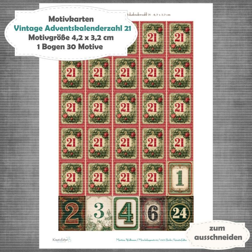 Vintage Adventskalenderzahl 21 + die Adventssontage sowie der 6. und 24 - Motivkarten - A4 Hochformat - 1 Seite mit 30 Motiven Vintage Adventskalenderzahl 21 + die Adventssontage sowie der 6. und 24 - Motivkarten - A4 Hochformat - 1 Seite mit 30 Motiven