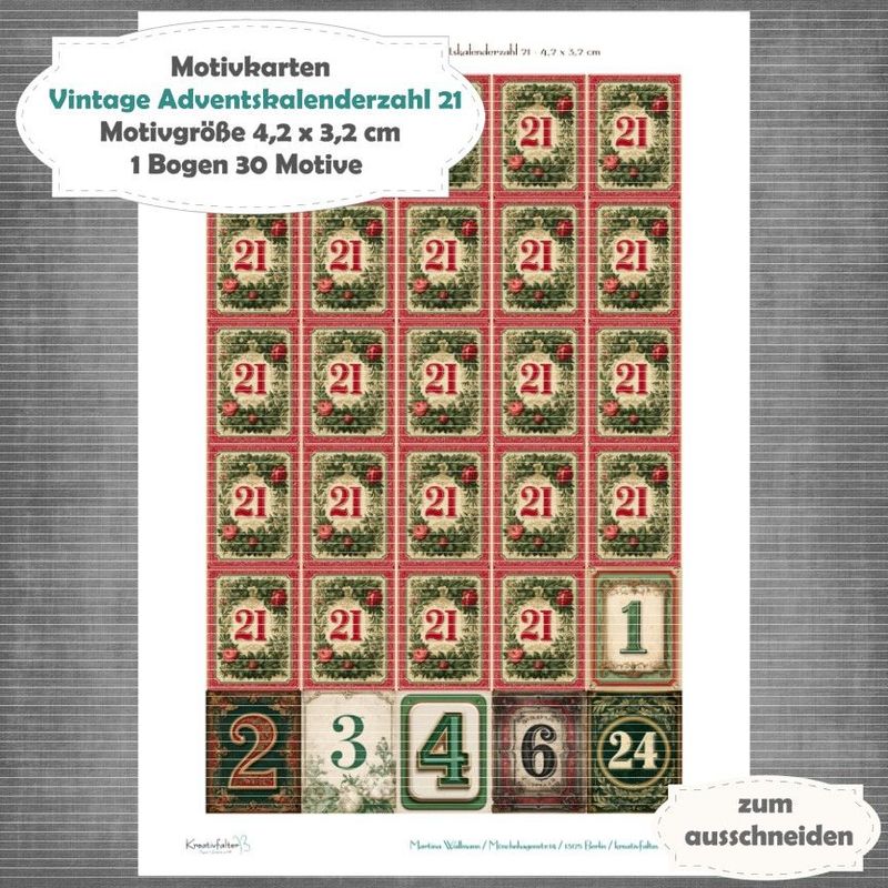 Vintage Adventskalenderzahl 21 + die Adventssontage sowie der 6. und 24 - Motivkarten - A4 Hochformat - 1 Seite mit 30 Motiven Vintage Adventskalenderzahl 21 + die Adventssontage sowie der 6. und 24 - Motivkarten - A4 Hochformat - 1 Seite mit 30 Motiven