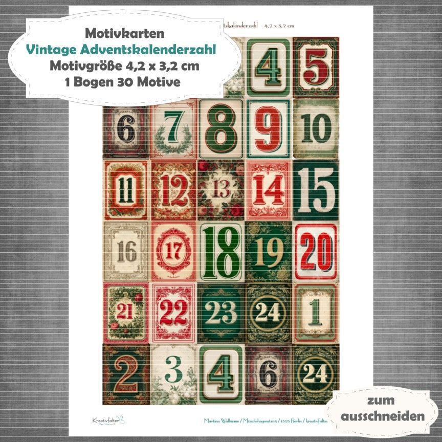 Vintage Adventskalenderzahlen 1-24 + die Adventssontage sowie der 6. und 24 - Motivkarten - A4 Hochformat - 1 Seite mit 30 Motiven