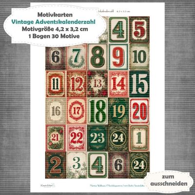 Vintage Adventskalenderzahlen 1-24 + die Adventssontage sowie der 6. und 24 - Motivkarten - A4 Hochformat - 1 Seite mit 30 Motiven Vintage Adventskalenderzahlen 1-24 + die Adventssontage sowie der 6. und 24 - Motivkarten - A4 Hochformat - 1 Seite mit 30 Motiven