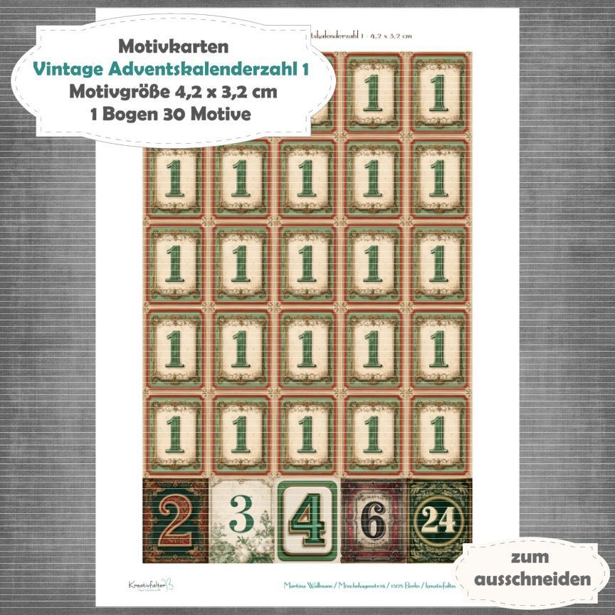 Vintage Adventskalenderzahl 1 + die Adventssontage sowie der 6. und 24 - Motivkarten - A4 Hochformat - 1 Seite mit 30 Motiven Vintage Adventskalenderzahl 1 + die Adventssontage sowie der 6. und 24 - Motivkarten - A4 Hochformat - 1 Seite mit 30 Motiven