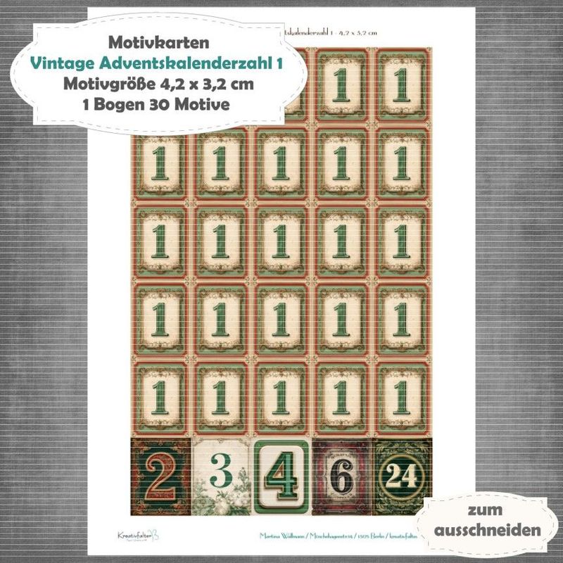 Vintage Adventskalenderzahl 1 + die Adventssontage sowie der 6. und 24 - Motivkarten - A4 Hochformat - 1 Seite mit 30 Motiven Vintage Adventskalenderzahl 1 + die Adventssontage sowie der 6. und 24 - Motivkarten - A4 Hochformat - 1 Seite mit 30 Motiven