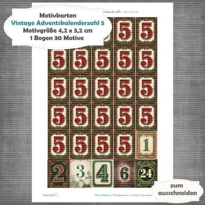 Vintage Adventskalenderzahl 5 + die Adventssontage sowie der 6. und 24 - Motivkarten - A4 Hochformat - 1 Seite mit 30 Motiven Vintage Adventskalenderzahl 5 + die Adventssontage sowie der 6. und 24 - Motivkarten - A4 Hochformat - 1 Seite mit 30 Motiven