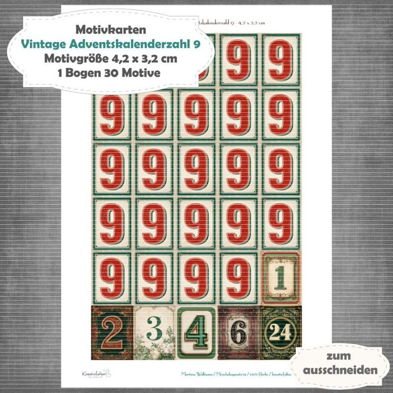 Vintage Adventskalenderzahl 9 + die Adventssontage sowie der 6. und 24 - Motivkarten - A4 Hochformat - 1 Seite mit 30 Motiven Vintage Adventskalenderzahl 9 + die Adventssontage sowie der 6. und 24 - Motivkarten - A4 Hochformat - 1 Seite mit 30 Motiven