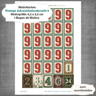 Vintage Adventskalenderzahl 9 + die Adventssontage sowie der 6. und 24 - Motivkarten - A4 Hochformat - 1 Seite mit 30 Motiven Vintage Adventskalenderzahl 9 + die Adventssontage sowie der 6. und 24 - Motivkarten - A4 Hochformat - 1 Seite mit 30 Motiven