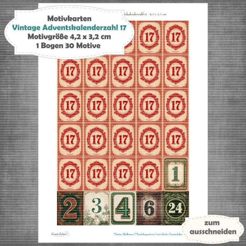 Vintage Adventskalenderzahl 17 + die Adventssontage sowie der 6. und 24 - Motivkarten - A4 Hochformat - 1 Seite mit 30 Motiven Vintage Adventskalenderzahl 17 + die Adventssontage sowie der 6. und 24 - Motivkarten - A4 Hochformat - 1 Seite mit 30 Motiven