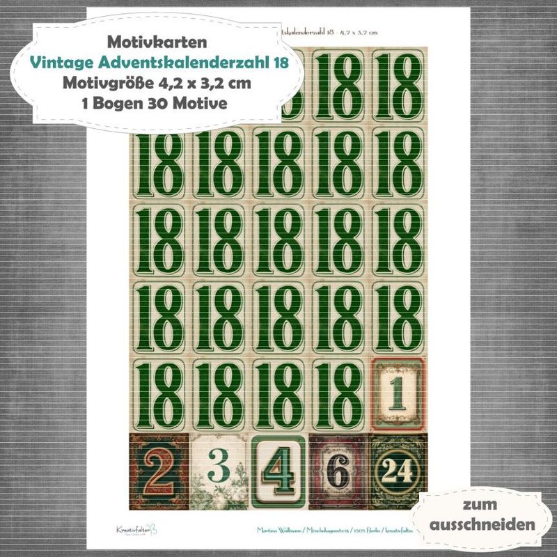 Vintage Adventskalenderzahl 18 + die Adventssontage sowie der 6. und 24 - Motivkarten - A4 Hochformat - 1 Seite mit 30 Motiven Vintage Adventskalenderzahl 18 + die Adventssontage sowie der 6. und 24 - Motivkarten - A4 Hochformat - 1 Seite mit 30 Motiven