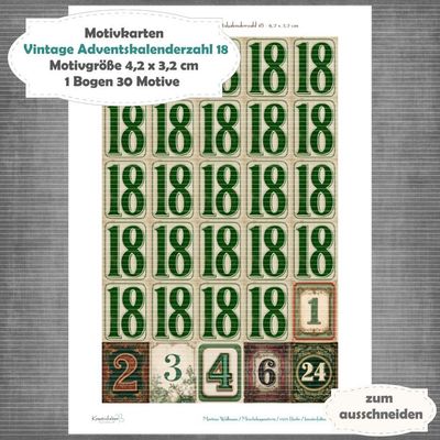 Vintage Adventskalenderzahl 18 + die Adventssontage sowie der 6. und 24 - Motivkarten - A4 Hochformat - 1 Seite mit 30 Motiven Vintage Adventskalenderzahl 18 + die Adventssontage sowie der 6. und 24 - Motivkarten - A4 Hochformat - 1 Seite mit 30 Motiven