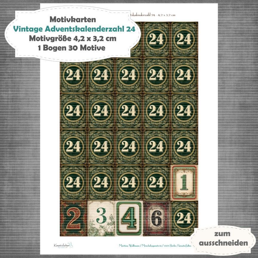 Vintage Adventskalenderzahl 24 + die Adventssontage sowie der 6. und 24 - Motivkarten - A4 Hochformat - 1 Seite mit 30 Motiven Vintage Adventskalenderzahl 24 + die Adventssontage sowie der 6. und 24 - Motivkarten - A4 Hochformat - 1 Seite mit 30 Motiven