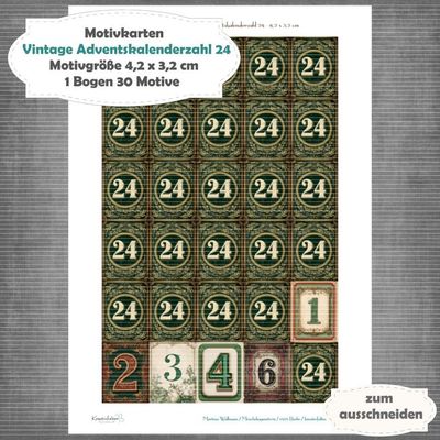 Vintage Adventskalenderzahl 24 + die Adventssontage sowie der 6. und 24 - Motivkarten - A4 Hochformat - 1 Seite mit 30 Motiven