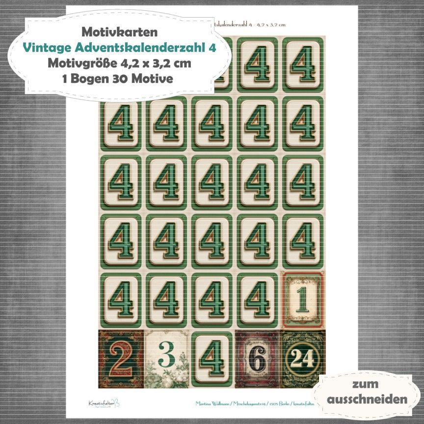 Vintage Adventskalenderzahl 4 + die Adventssontage sowie der 6. und 24 - Motivkarten - A4 Hochformat - 1 Seite mit 30 Motiven Vintage Adventskalenderzahl 4 + die Adventssontage sowie der 6. und 24 - Motivkarten - A4 Hochformat - 1 Seite mit 30 Motiven