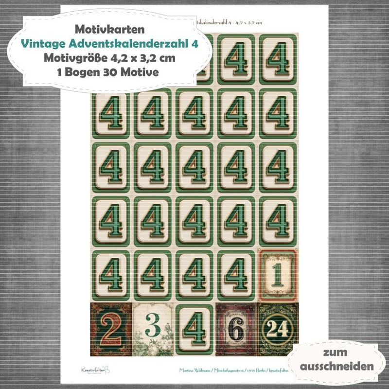 Vintage Adventskalenderzahl 4 + die Adventssontage sowie der 6. und 24 - Motivkarten - A4 Hochformat - 1 Seite mit 30 Motiven Vintage Adventskalenderzahl 4 + die Adventssontage sowie der 6. und 24 - Motivkarten - A4 Hochformat - 1 Seite mit 30 Motiven