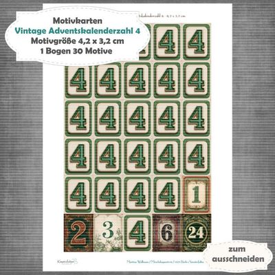 Vintage Adventskalenderzahl 4 + die Adventssontage sowie der 6. und 24 - Motivkarten - A4 Hochformat - 1 Seite mit 30 Motiven Vintage Adventskalenderzahl 4 + die Adventssontage sowie der 6. und 24 - Motivkarten - A4 Hochformat - 1 Seite mit 30 Motiven