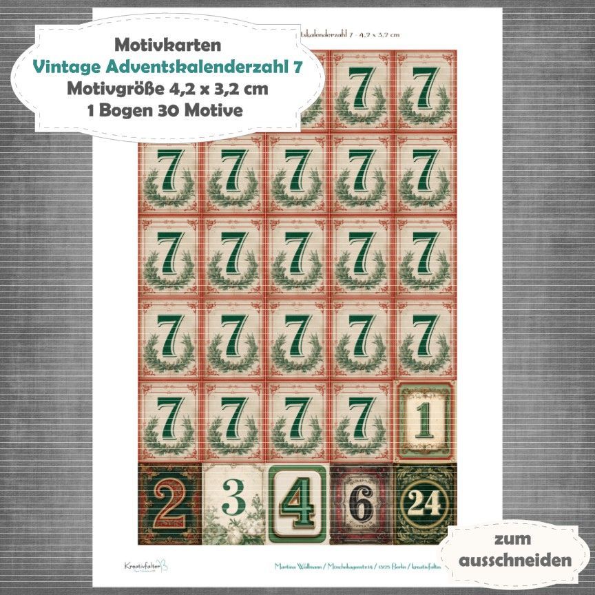 Vintage Adventskalenderzahl 7 + die Adventssontage sowie der 6. und 24 - Motivkarten - A4 Hochformat - 1 Seite mit 30 Motiven Vintage Adventskalenderzahl 7 + die Adventssontage sowie der 6. und 24 - Motivkarten - A4 Hochformat - 1 Seite mit 30 Motiven