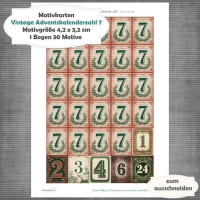 Vintage Adventskalenderzahl 7 + die Adventssontage sowie der 6. und 24 - Motivkarten - A4 Hochformat - 1 Seite mit 30 Motiven Vintage Adventskalenderzahl 7 + die Adventssontage sowie der 6. und 24 - Motivkarten - A4 Hochformat - 1 Seite mit 30 Motiven