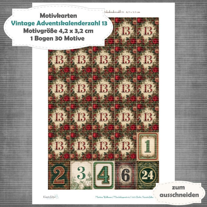 Vintage Adventskalenderzahl 13 + die Adventssontage sowie der 6. und 24 - Motivkarten - A4 Hochformat - 1 Seite mit 30 Motiven Vintage Adventskalenderzahl 13 + die Adventssontage sowie der 6. und 24 - Motivkarten - A4 Hochformat - 1 Seite mit 30 Motiven