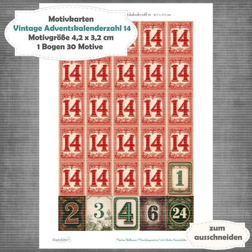 Vintage Adventskalenderzahl 14 + die Adventssontage sowie der 6. und 24 - Motivkarten - A4 Hochformat - 1 Seite mit 30 Motiven Vintage Adventskalenderzahl 14 + die Adventssontage sowie der 6. und 24 - Motivkarten - A4 Hochformat - 1 Seite mit 30 Motiven