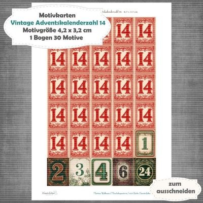Vintage Adventskalenderzahl 14 + die Adventssontage sowie der 6. und 24 - Motivkarten - A4 Hochformat - 1 Seite mit 30 Motiven Vintage Adventskalenderzahl 14 + die Adventssontage sowie der 6. und 24 - Motivkarten - A4 Hochformat - 1 Seite mit 30 Motiven