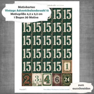 Vintage Adventskalenderzahl 15 + die Adventssontage sowie der 6. und 24 - Motivkarten - A4 Hochformat - 1 Seite mit 30 Motiven