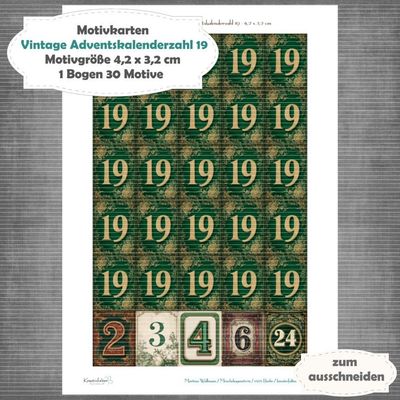 Vintage Adventskalenderzahl 19 + die Adventssontage sowie der 6. und 24 - Motivkarten - A4 Hochformat - 1 Seite mit 30 Motiven