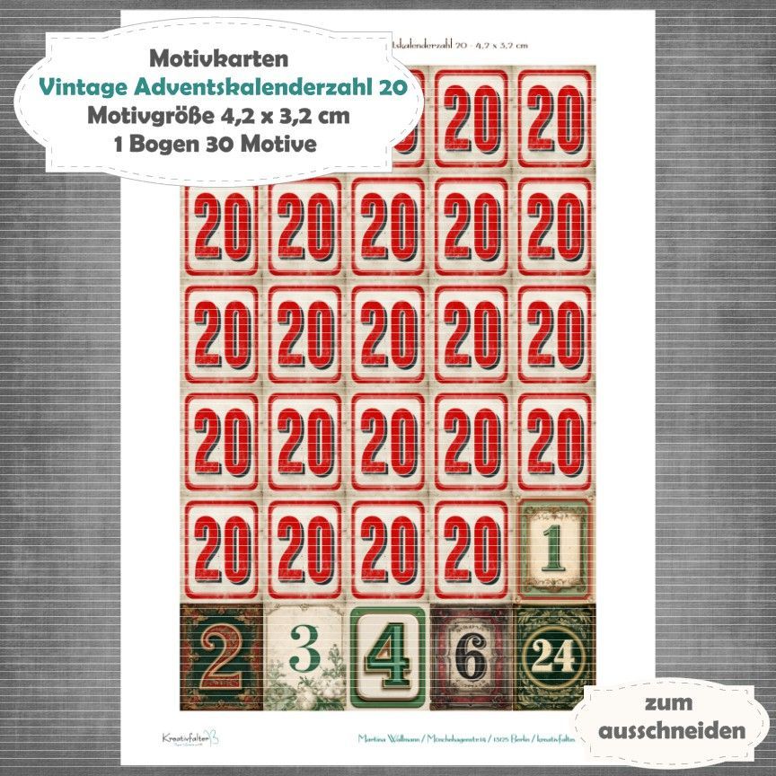Vintage Adventskalenderzahl 20 + die Adventssontage sowie der 6. und 24 - Motivkarten - A4 Hochformat - 1 Seite mit 30 Motiven Vintage Adventskalenderzahl 20 + die Adventssontage sowie der 6. und 24 - Motivkarten - A4 Hochformat - 1 Seite mit 30 Motiven