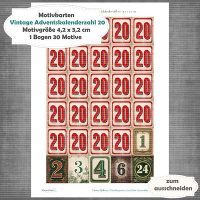 Vintage Adventskalenderzahl 20 + die Adventssontage sowie der 6. und 24 - Motivkarten - A4 Hochformat - 1 Seite mit 30 Motiven Vintage Adventskalenderzahl 20 + die Adventssontage sowie der 6. und 24 - Motivkarten - A4 Hochformat - 1 Seite mit 30 Motiven