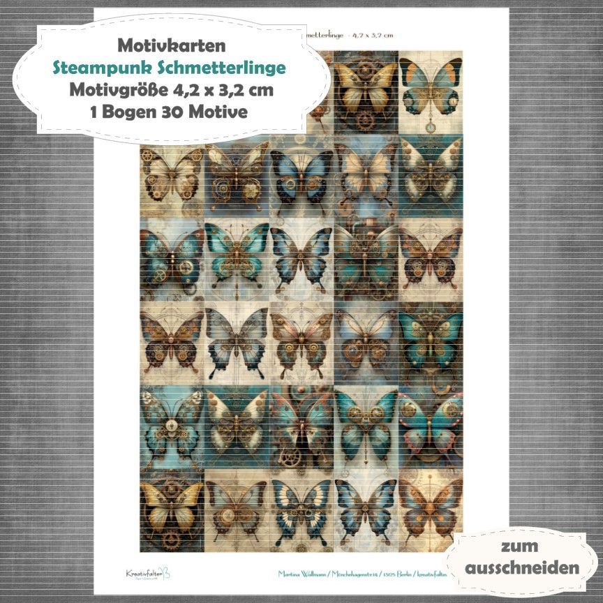 Steampunk Schmetterlinge - Motivkarten - 160g - 4,2 x 3,2 cm - 30 Motive - 1 Bogen Steampunk Schmetterlinge - Motivkarten - 160g - 4,2 x 3,2 cm - 30 Motive - 1 Bogen