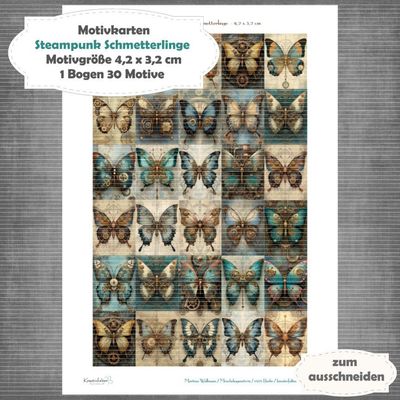Steampunk Schmetterlinge - Motivkarten - 160g - 4,2 x 3,2 cm - 30 Motive - 1 Bogen Steampunk Schmetterlinge - Motivkarten - 160g - 4,2 x 3,2 cm - 30 Motive - 1 Bogen
