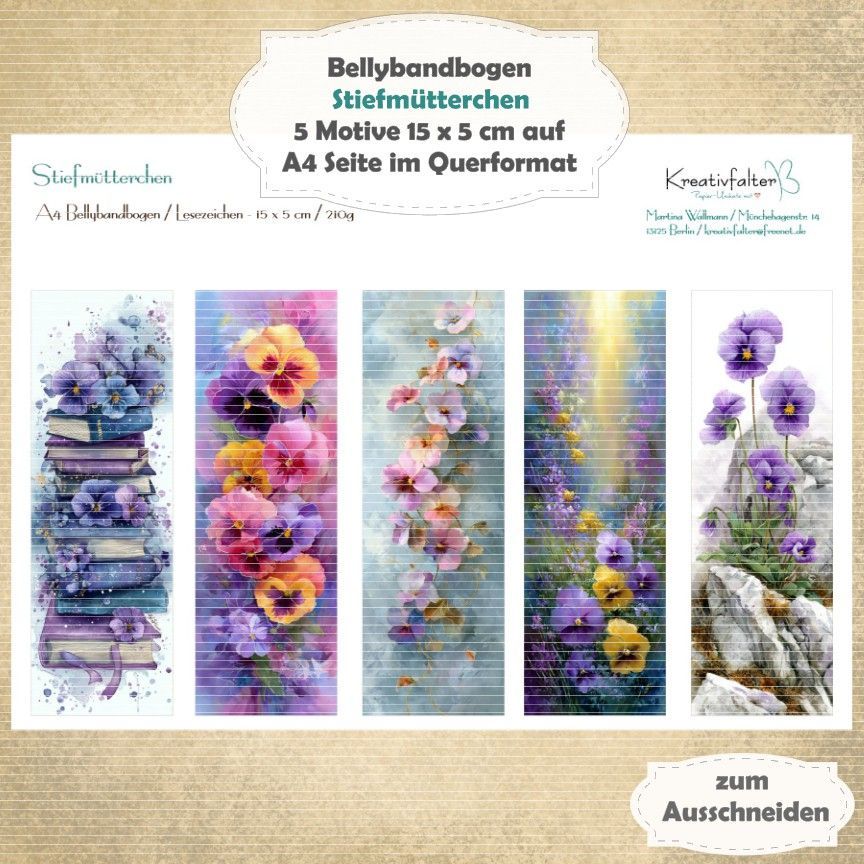 Stiefmütterchen - Bellybandbogen - Lesezeichen - A4 quer - 1 Seite mit 5 Motiven Stiefmütterchen - Bellybandbogen - Lesezeichen - A4 quer - 1 Seite mit 5 Motiven
