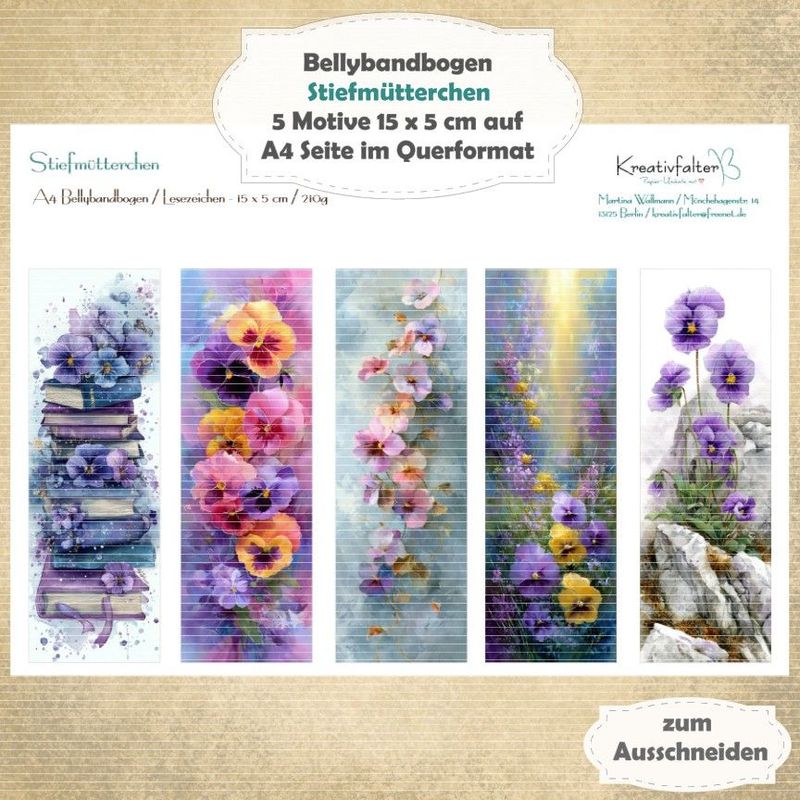 Stiefmütterchen - Bellybandbogen - Lesezeichen - A4 quer - 1 Seite mit 5 Motiven Stiefmütterchen - Bellybandbogen - Lesezeichen - A4 quer - 1 Seite mit 5 Motiven
