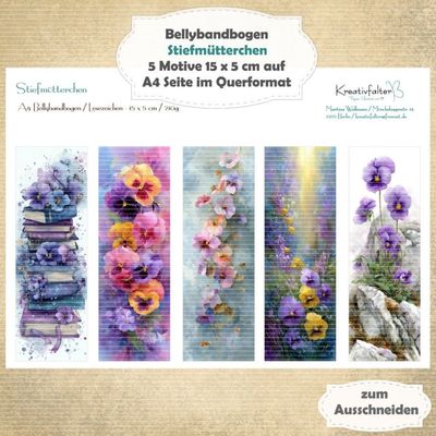 Stiefmütterchen - Bellybandbogen - Lesezeichen - A4 quer - 1 Seite mit 5 Motiven Stiefmütterchen - Bellybandbogen - Lesezeichen - A4 quer - 1 Seite mit 5 Motiven