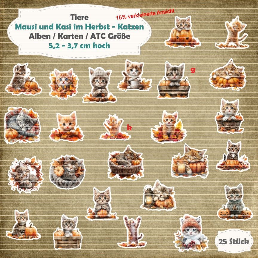 Mausi und Kasi im Herbst - Katzen - 210g - Karten / ATC Größe - 25 Stanzteile - Die Cut