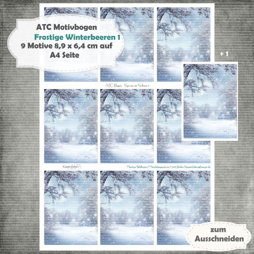 Spuren im Schnee 1 - ATC Motivbogen - A4 - 1 Seite mit 9 Motiven* Spuren im Schnee 1 - ATC Motivbogen - A4 - 1 Seite mit 9 Motiven*