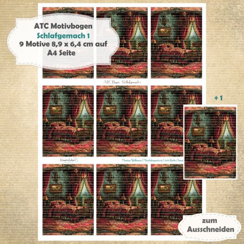 Schlafgemach 1 - ATC Motivbogen - A4 Hochformat - 1 Seite mit 9 Motiven Schlafgemach 1 - ATC Motivbogen - A4 Hochformat - 1 Seite mit 9 Motiven