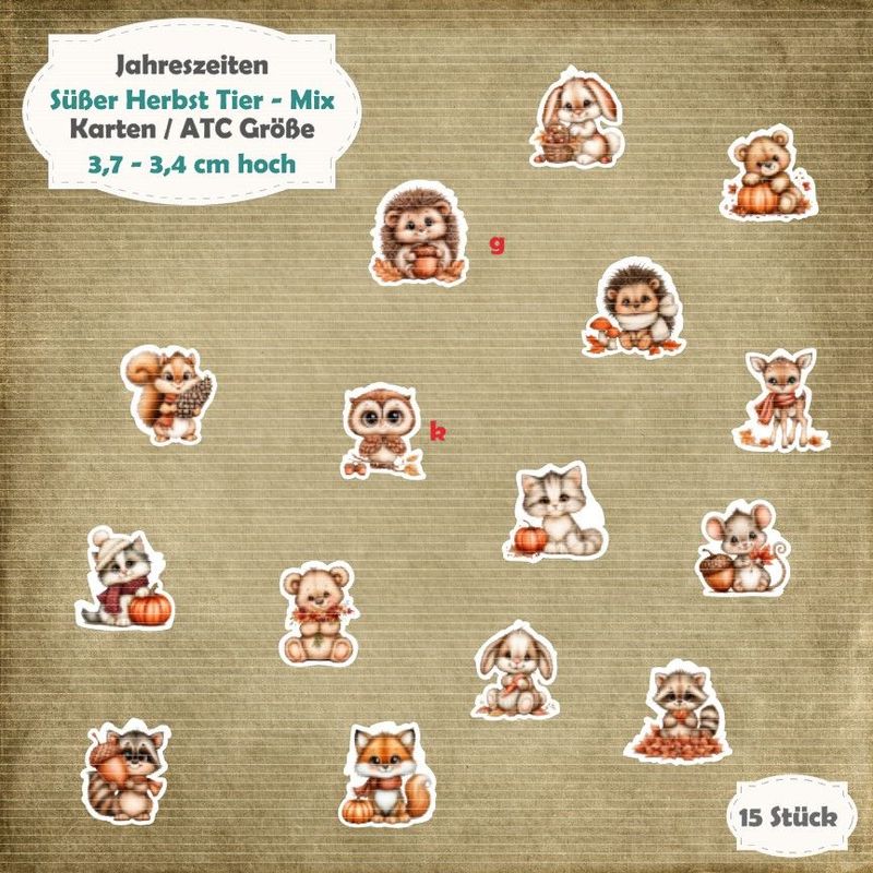 Süßer Herbst Tier - Mix - 210g - Karten / ATC Größe - 15 Stanzteile - Die Cut
