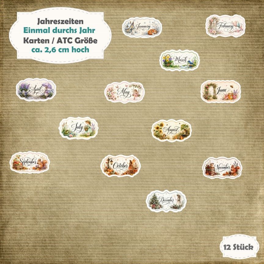 Einmal durchs Jahr - Schilder Monate - 210g - Alben / Karten / ATC Größe - 12 Stanzteile - Die Cut Einmal durchs Jahr - Schilder Monate - 210g - Alben / Karten / ATC Größe - 12 Stanzteile - Die Cut