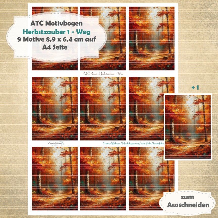 Herbstzauber 1 - Weg - ATC Motivbogen - A4 - 1 Seite mit 9 +1 Motiven