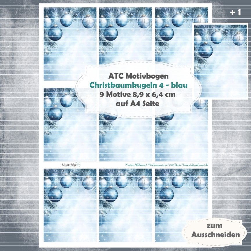 Christbaumkugeln 4 - blau - ATC Motivbogen - A4 - 1 Seite mit 9 Motiven
