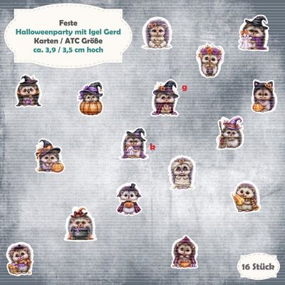 Halloweenparty mit Igel Gerd - 210g - Album / Karte / ATC Größe - 16 Teile - Die Cuts