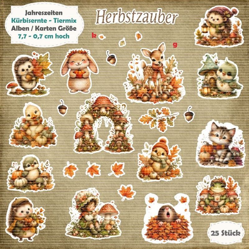 Kürbisernte - Tiermix- 210g - Karten / ATC Größe - 25 Stanzteile - Die Cut