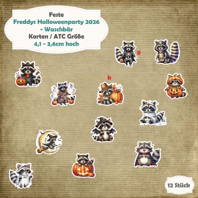 Freddys Halloweenparty 2026 - Waschbär - 210g - Album / Karte / ATC Größe - 12 Teile - Die Cuts Freddys Halloweenparty 2026 - Waschbär - 210g - Album / Karte / ATC Größe - 12 Teile - Die Cuts