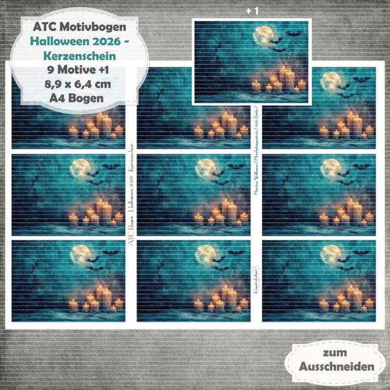 Halloween 2026 - Kerzenschein - ATC Motivbogen - A4 Hochformat - 1 Seite mit 9 Motiven Halloween 2026 - Kerzenschein - ATC Motivbogen - A4 Hochformat - 1 Seite mit 9 Motiven