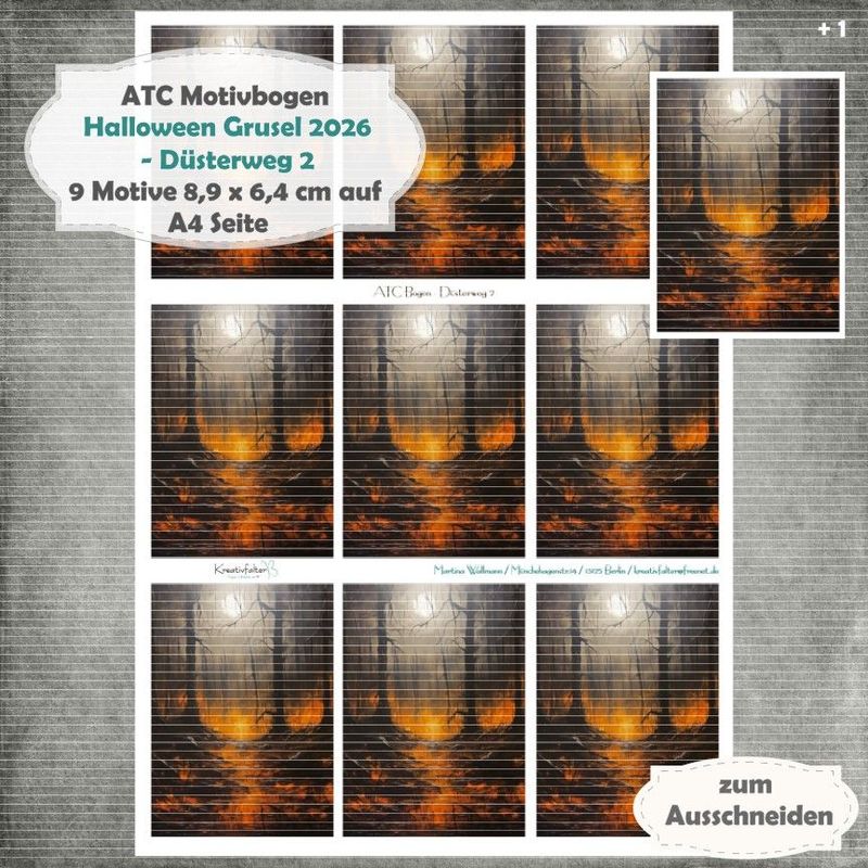 Halloween Grusel 2026 - Düsterweg 2 - ATC Motivbogen - A4 Hochformat - 1 Seite mit 9 Motiven Halloween Grusel 2026 - Düsterweg 2 - ATC Motivbogen - A4 Hochformat - 1 Seite mit 9 Motiven