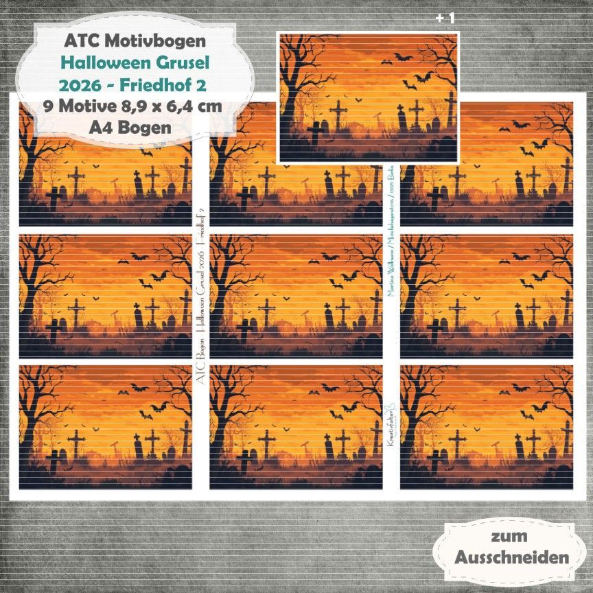 Halloween Grusel 2026 - Friedhof 2 - ATC Motivbogen - A4 Hochformat - 1 Seite mit 9 Motiven Halloween Grusel 2026 - Friedhof 2 - ATC Motivbogen - A4 Hochformat - 1 Seite mit 9 Motiven