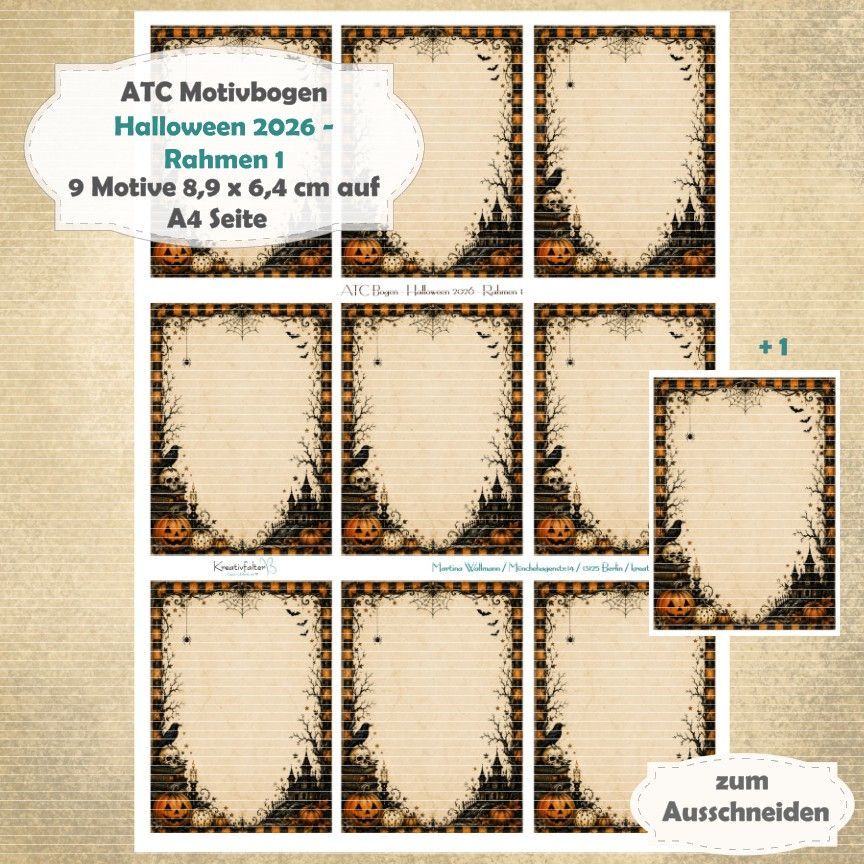 Halloween 2026 - Rahmen 1 - ATC Motivbogen - A4 Hochformat - 1 Seite mit 9 Motiven Halloween 2026 - Rahmen 1 - ATC Motivbogen - A4 Hochformat - 1 Seite mit 9 Motiven