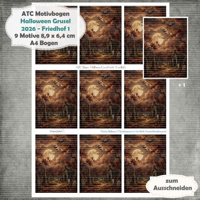 Halloween Grusel 2026 - Friedhof 1 - ATC Motivbogen - A4 Hochformat - 1 Seite mit 9 Motiven Halloween Grusel 2026 - Friedhof 1 - ATC Motivbogen - A4 Hochformat - 1 Seite mit 9 Motiven
